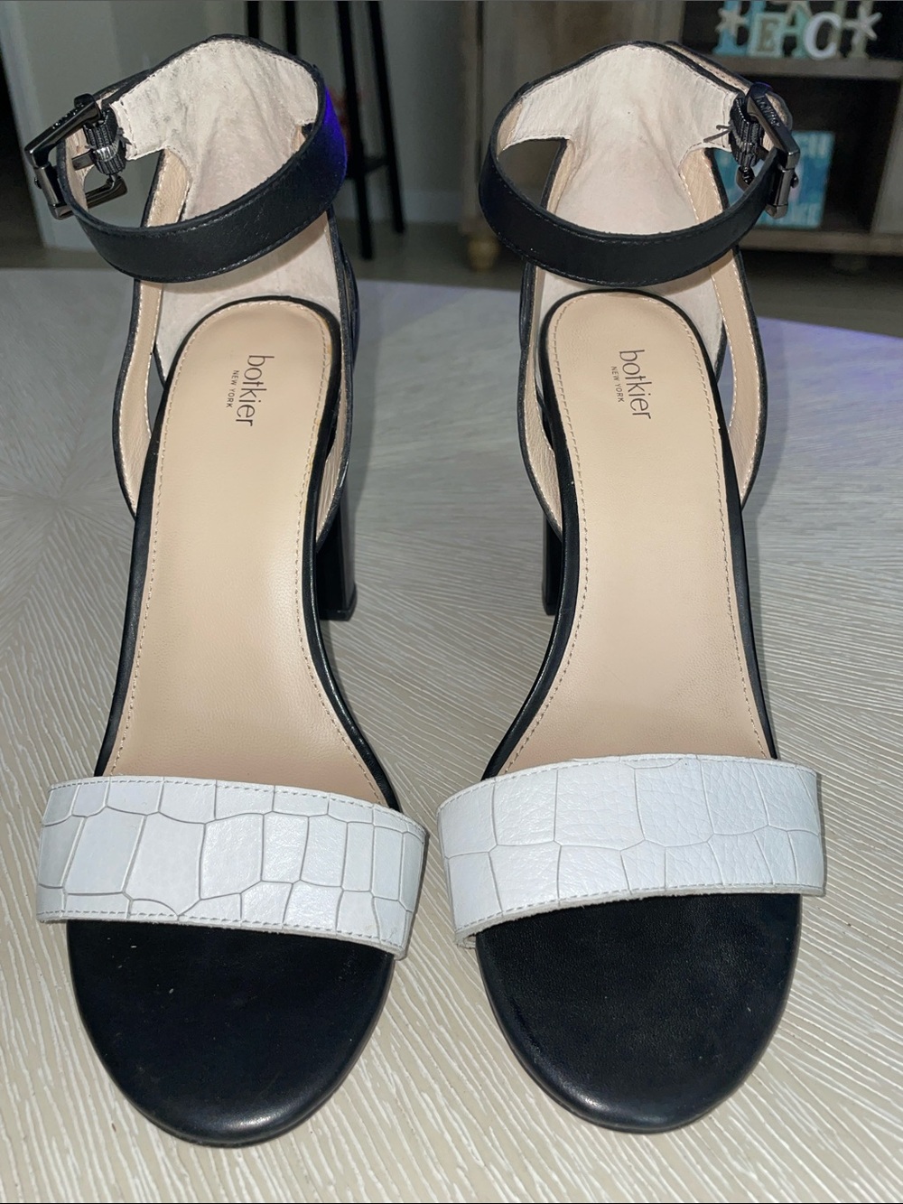 Botkier Black and White Croc-Texture Ankle-Strap Block Heels